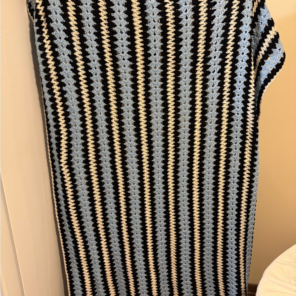Homemade Striped Blue and Black Twin crochet Blanket afghan